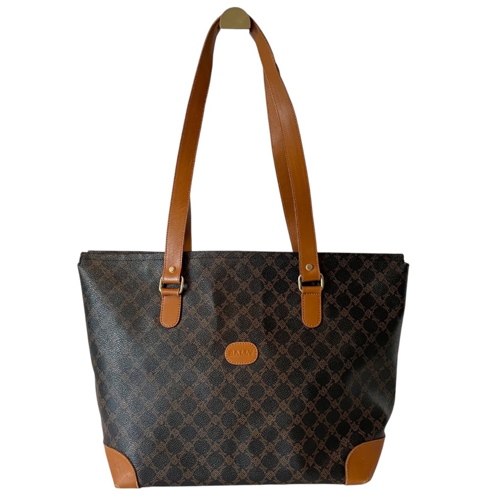 Bally Coated Canvas Vintage Zip Tote Black Brown Monogram Shoulder Bag